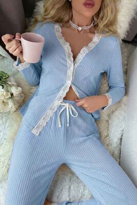 Merry See Ribanalı Dantel Detay İki Parça Pijama Takım Mavi - 3