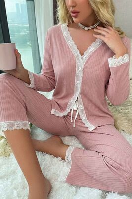 Merry See Ribanalı Dantel Detay İki Parça Pijama Takım Pembe - 2
