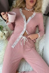 Merry See Ribanalı Dantel Detay İki Parça Pijama Takım Pembe - 3