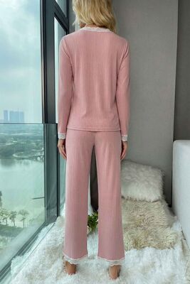 Merry See Ribanalı Dantel Detay İki Parça Pijama Takım Pembe - 4