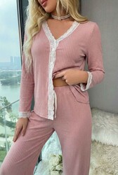 Merry See Ribanalı Dantel Detay İki Parça Pijama Takım Pembe - 5