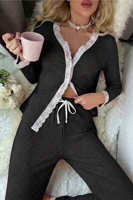 Merry See Ribanalı Dantel Detay İki Parça Pijama Takım Siyah - 3