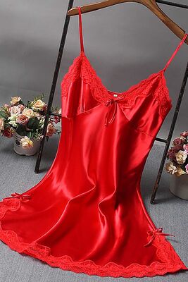 Merry See - Merry See Dantelli Kısa Saten Gecelik Kırmızı