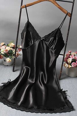 Merry See - Merry See Dantelli Kısa Saten Gecelik Siyah