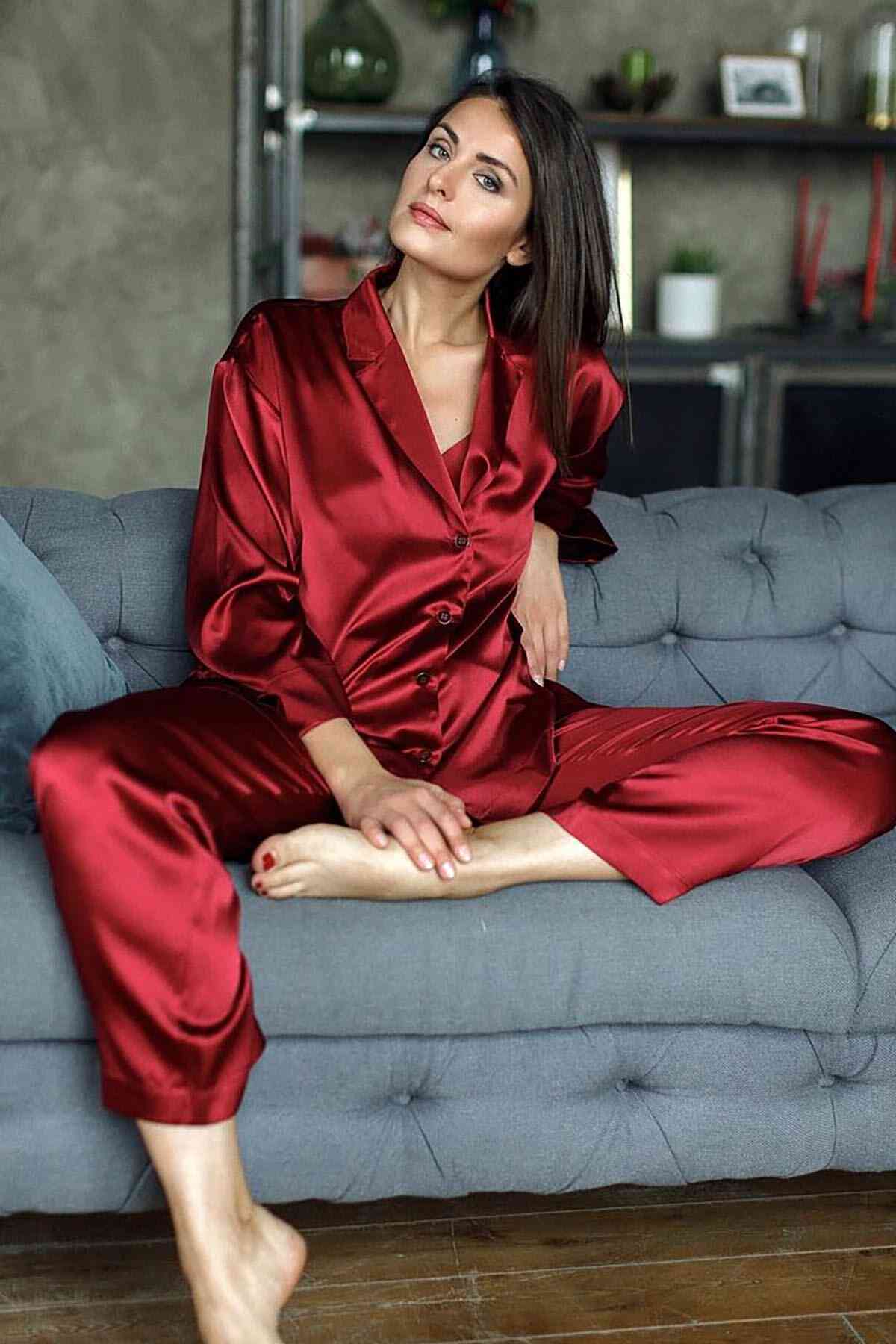 Merry See Saten Pijama Takım Kırmızı