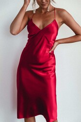 Merry See Sırt Dekolteli Uzun Saten Gecelik Elbise Kırmızı - Thumbnail