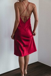 Merry See Sırt Dekolteli Uzun Saten Gecelik Elbise Kırmızı - Thumbnail