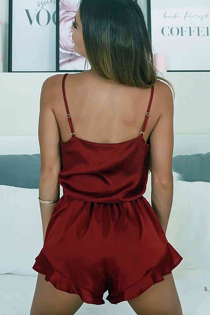 Merry See Saten Şortlu Pijama Takım Bordo - 8