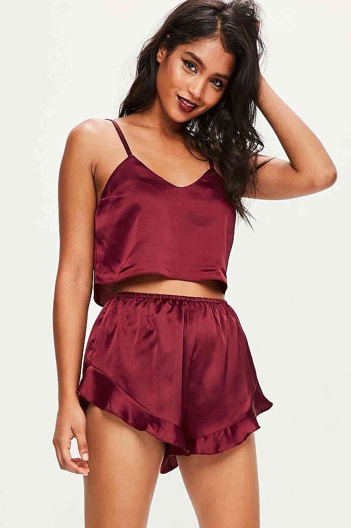 Merry See Saten Şortlu Pijama Takım Bordo - 9