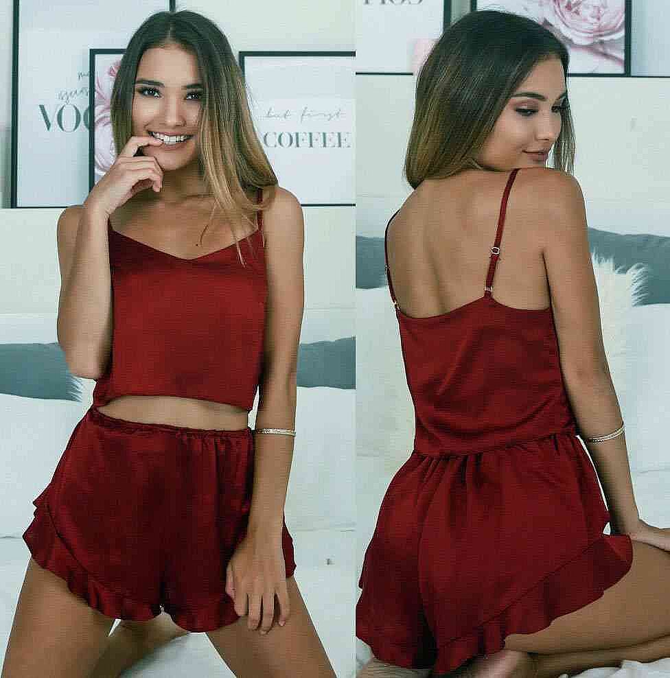 Merry See Saten Şortlu Pijama Takım Bordo - 12