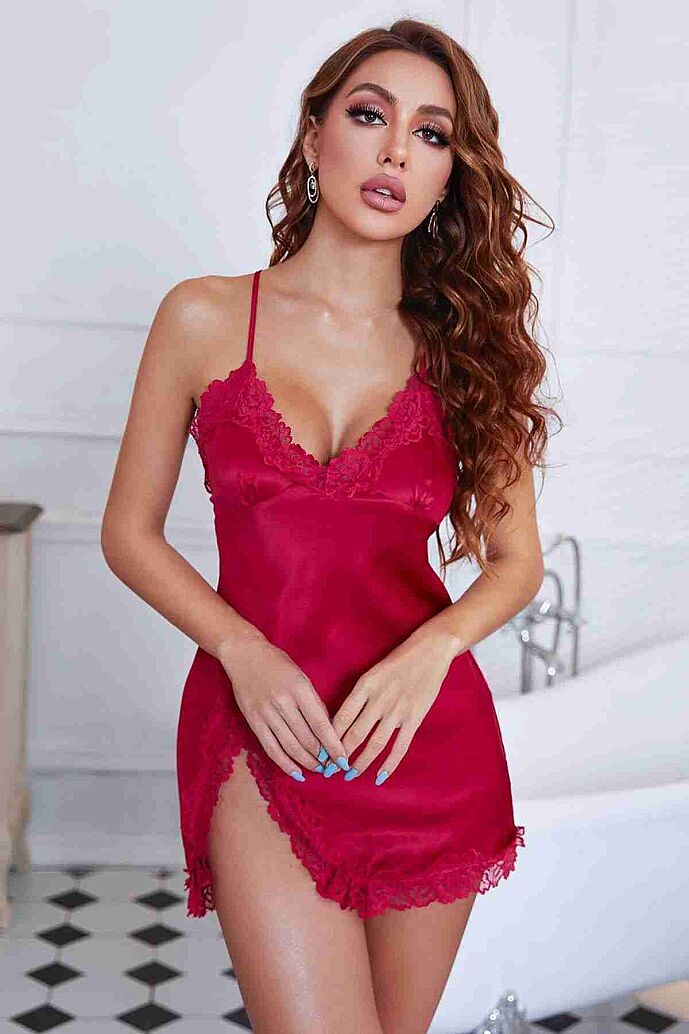 Merry See Şık Dantelli Yırtmaçlı Saten Gecelik Kırmızı - 5
