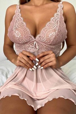Merry See - Merry See Şık Tül Dantel Gecelik Babydoll Takım Pembe (1)