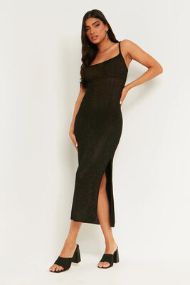 Merry See - Merry See Sırt Dekolteli Bağlamalı Vücuda Oturan Diz Altı Örme Elbise Siyah (1)