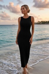 Merry See Sırt Dekolteli Vücuda Oturan Diz Altı Örme Pareo Plaj Elbisesi Siyah - Thumbnail