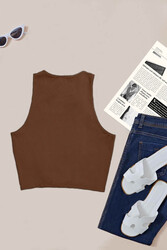 Merry See Tek Renk 1 Adet Kadın Kolsuz Örme Kumaş Bluz Crop Kahverengi - Thumbnail