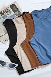 Merry See Tek Renk 1 Adet Kadın Kolsuz Örme Kumaş Bluz Crop Kahverengi - Thumbnail