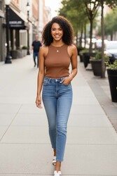 Merry See Tek Renk 1 Adet Kadın Kolsuz Örme Kumaş Bluz Crop Kahverengi - Thumbnail