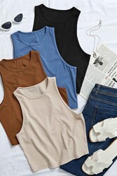 Merry See Tek Renk 1 Adet Kadın Kolsuz Örme Kumaş Bluz Crop Krem - Thumbnail