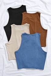 Merry See Tek Renk 1 Adet Kadın Kolsuz Örme Kumaş Bluz Crop Krem - Thumbnail