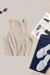 Merry See Tek Renk 1 Adet Kadın Kolsuz Örme Kumaş Bluz Crop Krem - Thumbnail