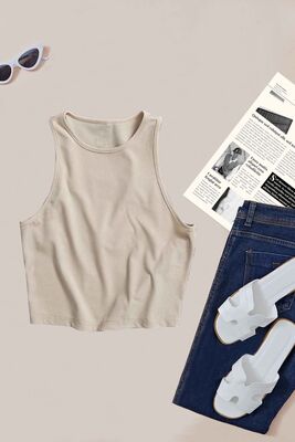 Merry See - Merry See Tek Renk 1 Adet Kadın Kolsuz Örme Kumaş Bluz Crop Krem (1)