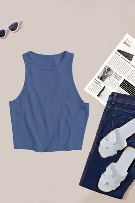 Merry See - Merry See Tek Renk 1 Adet Kadın Kolsuz Örme Kumaş Bluz Crop Mavi (1)