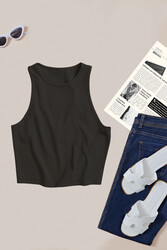 Merry See Tek Renk 1 Adet Kadın Kolsuz Örme Kumaş Bluz Crop Siyah - Thumbnail