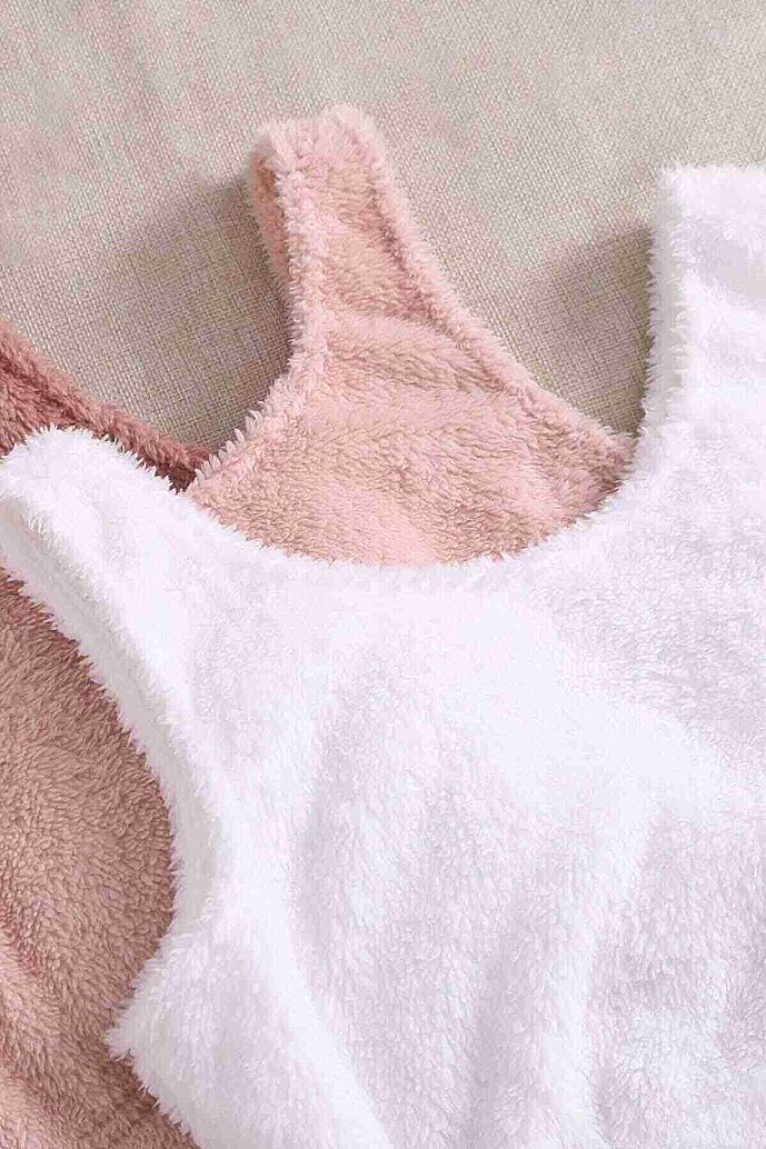 Merry See Tek Renk 1 Takım Kolsuz Askılı Peluş Polar Alt Üst Şortlu Pijama Takımı Beyaz - 4