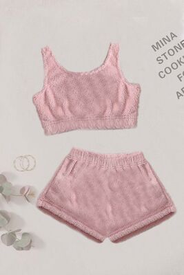 Merry See - Merry See Tek Renk 1 Takım Kolsuz Askılı Peluş Polar Alt Üst Şortlu Pijama Takımı Pembe Açık