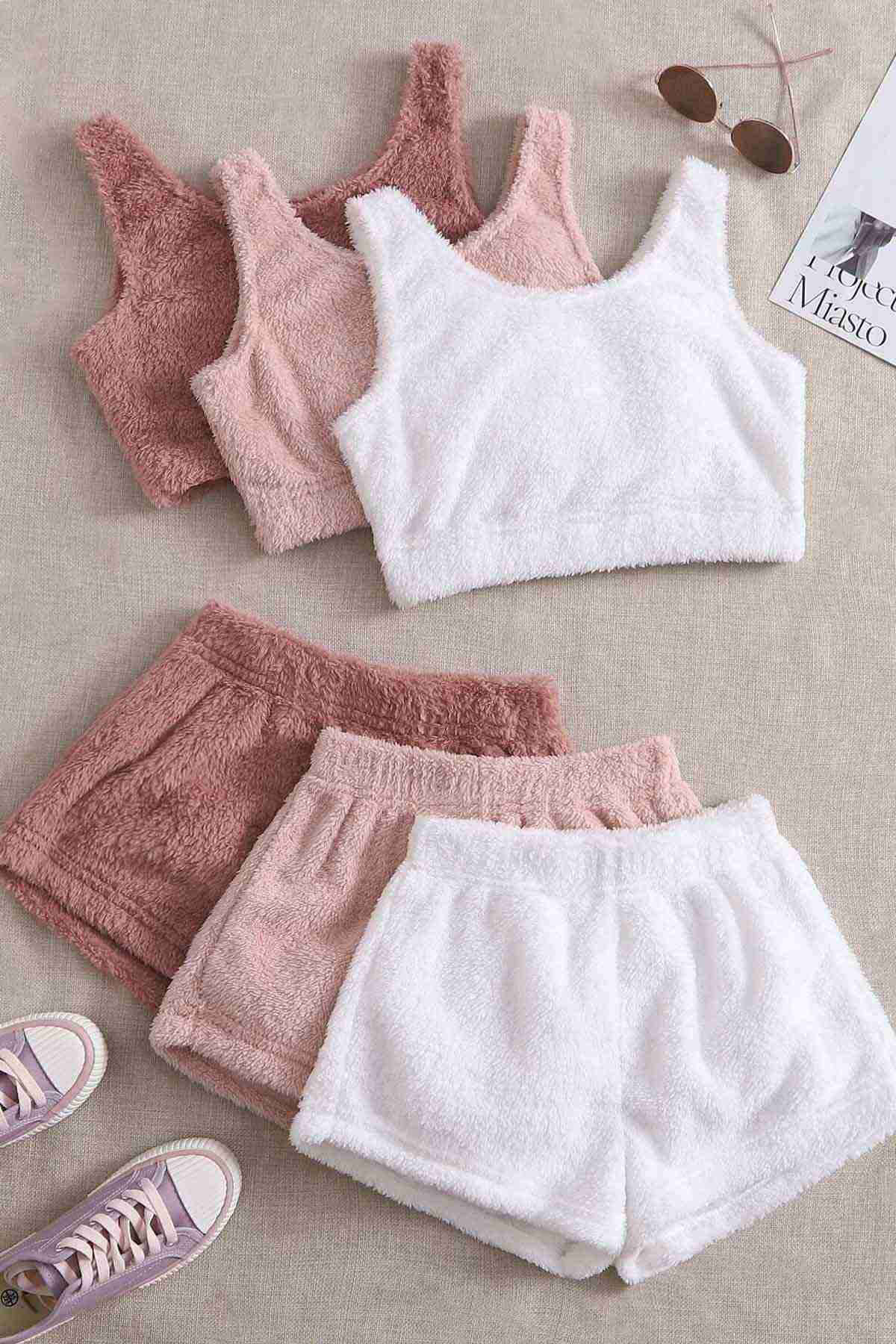 Merry See Tek Renk 1 Takım Kolsuz Askılı Peluş Polar Alt Üst Şortlu Pijama Takımı Pembe Açık