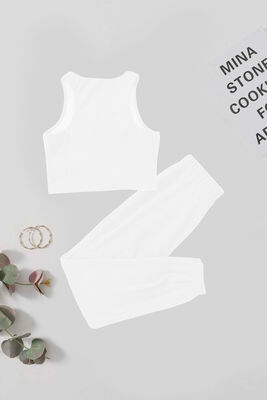 Merry See - Merry See Tek Renk 1 Takım Kolsuz Polarlı Alt Üst Pijama Takımı Beyaz (1)