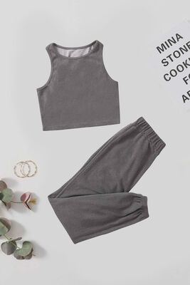 Merry See - Merry See Tek Renk 1 Takım Kolsuz Polarlı Alt Üst Pijama Takımı Gri