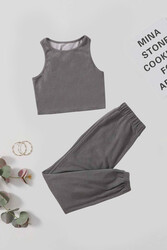 Merry See Tek Renk 1 Takım Kolsuz Cepsiz Polarlı Alt Üst Pijama Takımı Gri - Thumbnail