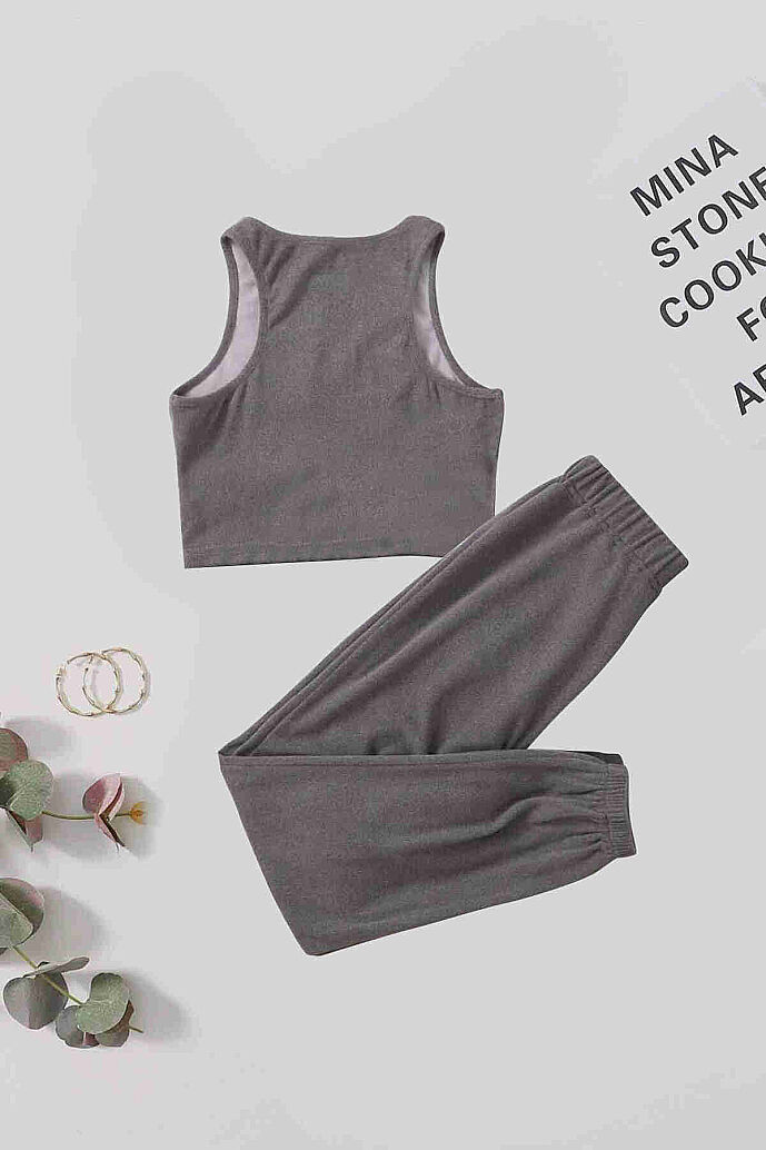 Merry See Tek Renk 1 Takım Kolsuz Cepsiz Polarlı Alt Üst Pijama Takımı Gri - 4