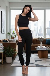 Merry See Tek Renk 1 Takım Kolsuz Cepsiz Polarlı Alt Üst Pijama Takımı Siyah - Thumbnail