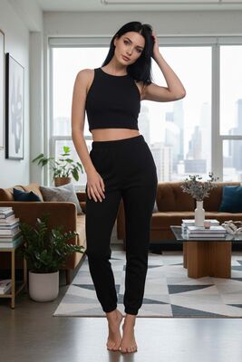 Merry See - Merry See Tek Renk 1 Takım Kolsuz Cepsiz Polarlı Alt Üst Pijama Takımı Siyah