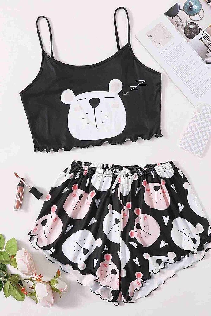 Merry See Uyuyan Ayıcık Basklı Ultrasoft Askılı Sortlu Pijama Takımı Çok Renkli - 5