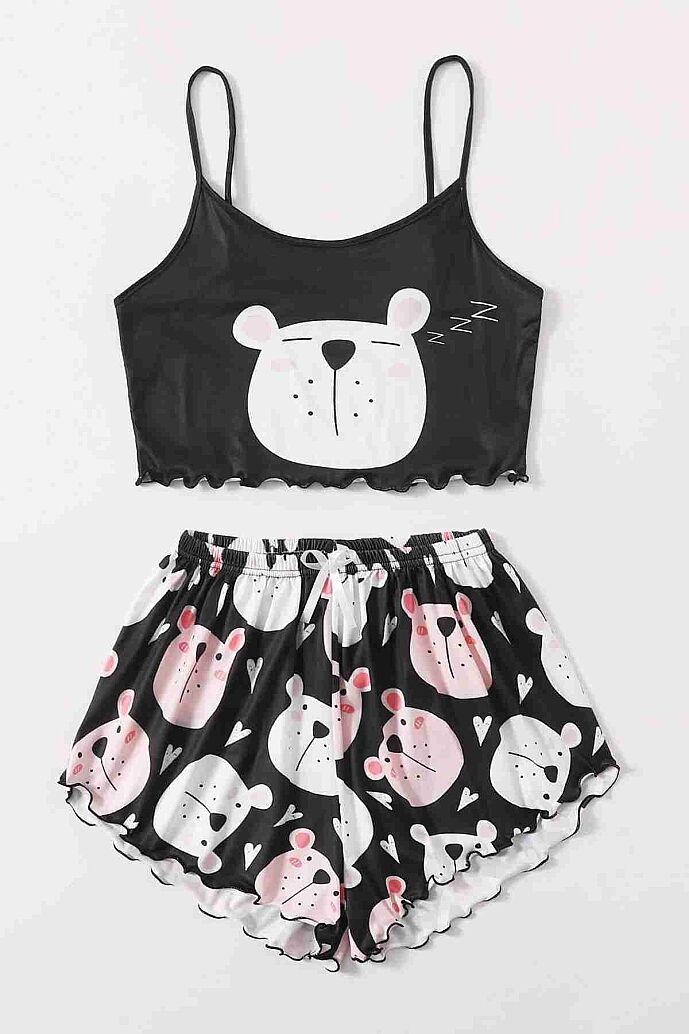 Merry See Uyuyan Ayıcık Basklı Ultrasoft Askılı Sortlu Pijama Takımı Çok Renkli - 7