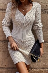 Merry See Uzun Kollu Fermuarlı Triko Örme Mini Elbise Bej - Thumbnail