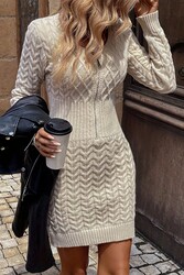 Merry See Uzun Kollu Fermuarlı Triko Örme Mini Elbise Bej - Thumbnail