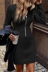 Merry See Uzun Kollu Fermuarlı Triko Örme Mini Elbise Siyah - Thumbnail