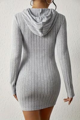 Merry See - Merry See Uzun Kollu Kapşonlu Mini Elbise Gri (1)