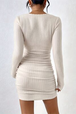 Merry See - Merry See Uzun Kollu Özel Kumaş Mini Elbise Bej (1)