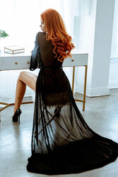 Merry See Uzun Tül Sabahlık Gecelik İç Giyim Siyah - Thumbnail