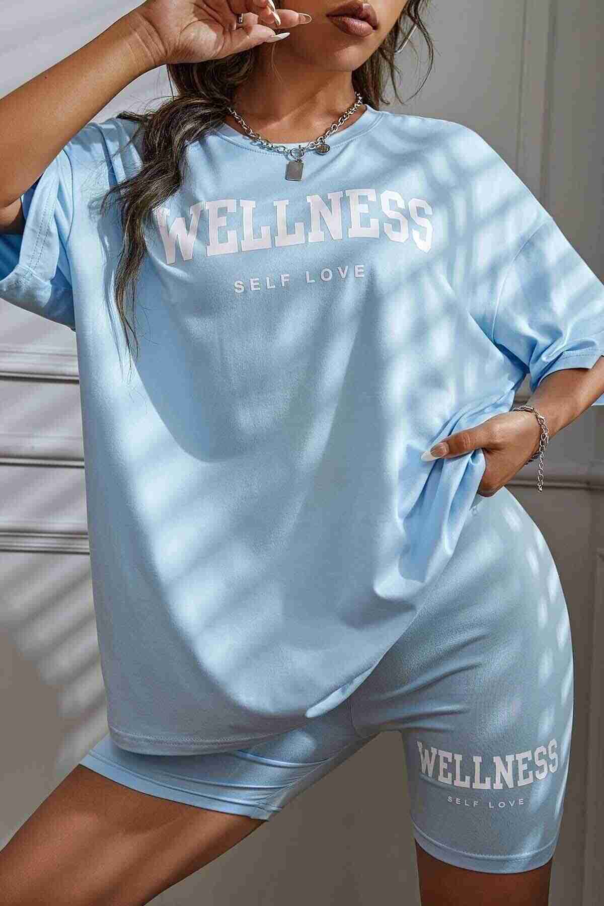 Merry See WELLNESS Baskılı Soft Kısa Kollu Şortlu Alt Üst Takımı Mavi