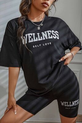 Merry See - Merry See WELLNESS Baskılı Soft Kısa Kollu Şortlu Alt Üst Takımı Siyah (1)