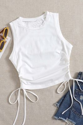 Merry See - Merry See Yanları Büzgülü Kolsuz Bluz Crop Top Atlet Beyaz