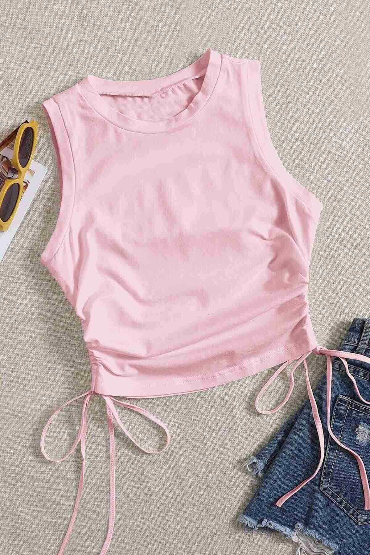 Merry See Yanları Büzgülü Kolsuz Bluz Crop Top Atlet Pembe