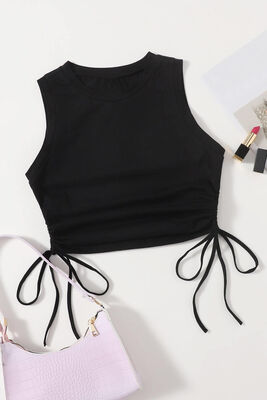 Merry See - Merry See Yanları Büzgülü Kolsuz Bluz Crop Top Atlet Siyah