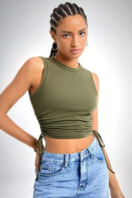 Merry See - Merry See Yanları Büzgülü Kolsuz Bluz Crop Top Atlet Yeşil (1)